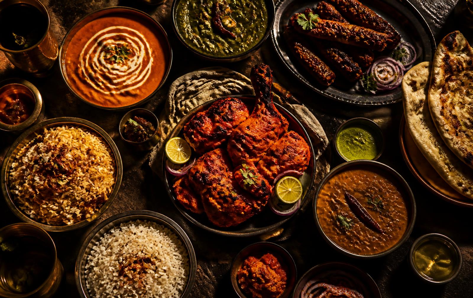Table spread of north Indian dishes including curries, grilled meats, rice and bread