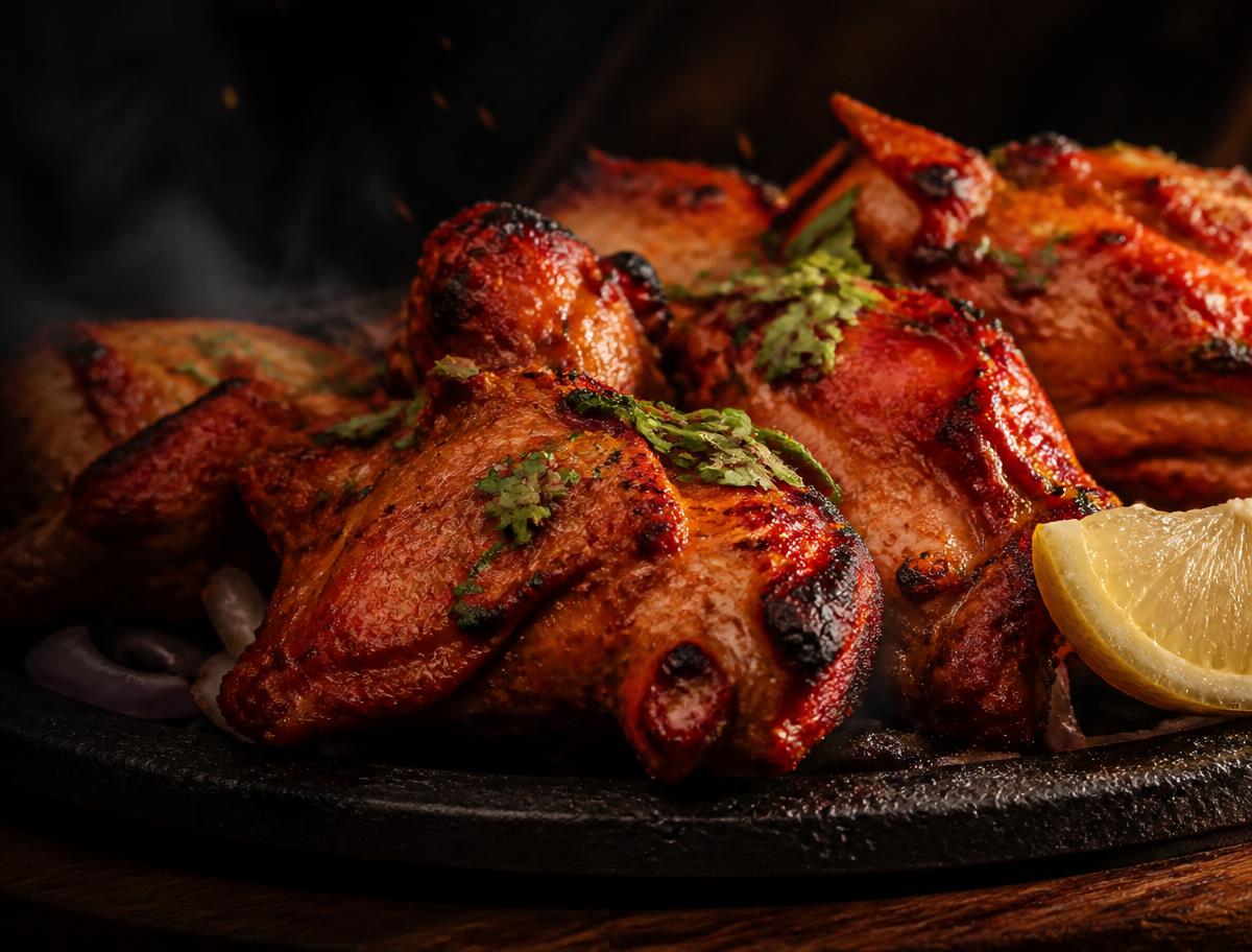 Char-grilled tandoori chicken on a hot cast iron platter with lemon