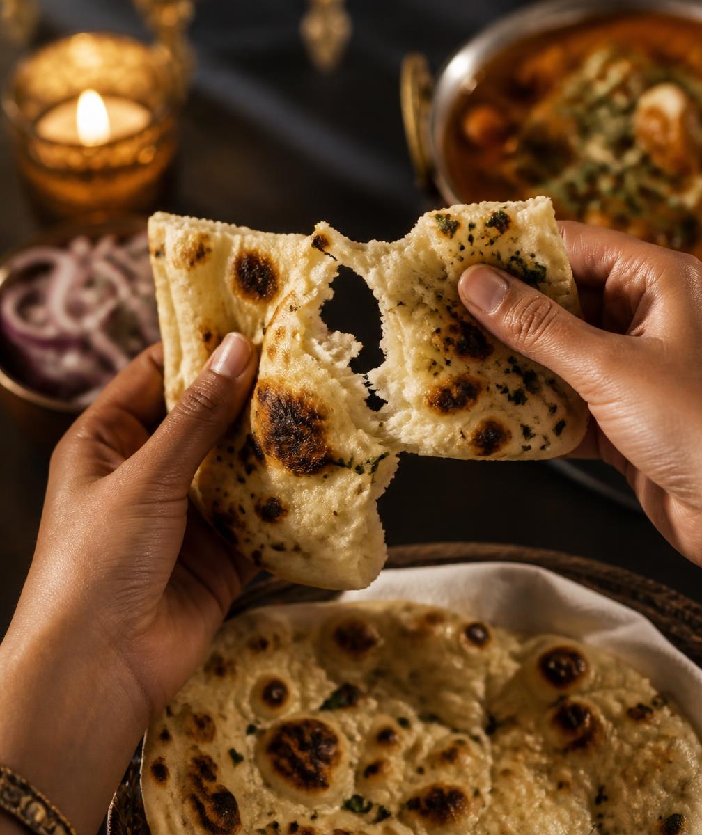 Hands tearing fresh naan bread over a dark table by candlelight