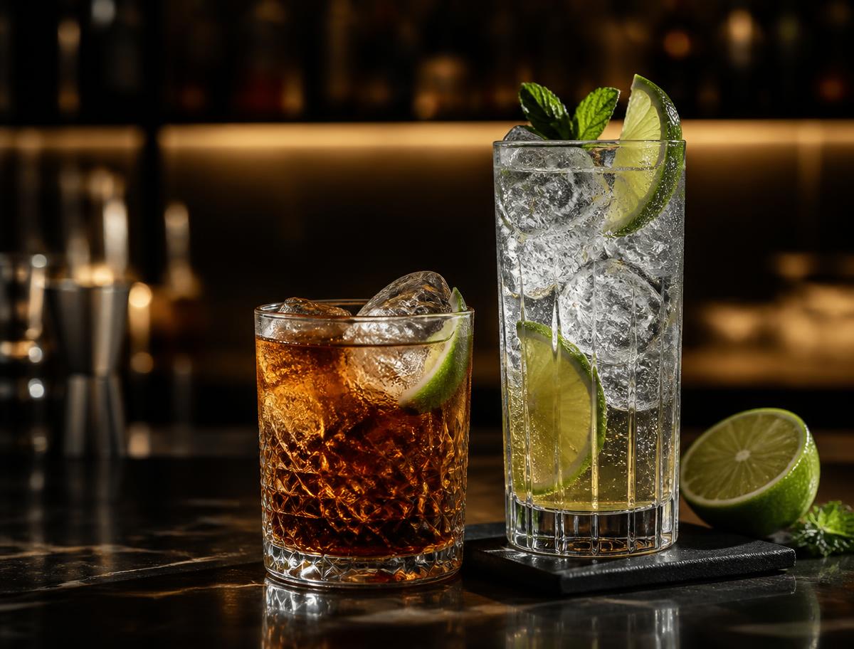 Two chilled drinks with ice and lime on a dark counter
