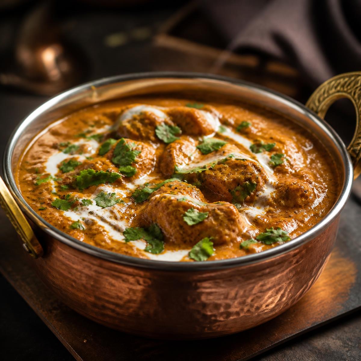 Creamy curry served in a copper bowl with coriander